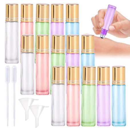Vegena Lot de 15 Bouteilles à Bille d'Huiles Essentielles, Verre, à Enrouler, Vides, 10 ml, Acier Inoxydable, Réutilisables, Aro