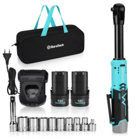 DURATECH Clé à Cliquet Electriques 12V, 3/8", 60N.m, 2 Batteries de 2,0 Ah, Clé à Cliquet Sans Fil avec Lumière LED, Déclencheur