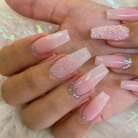 Danshinbow Lot de 24 faux ongles longs en forme de cercueil ballerine avec strass dégradés nude à paillettes pour femmes et fill