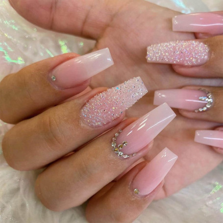 Danshinbow Lot de 24 faux ongles longs en forme de cercueil ballerine avec strass dégradés nude à paillettes pour femmes et fill
