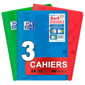 Oxford EasyBook Lot de 3 Cahiers Agrafés Grands Formats 24 x 32cm 96 Pages Grands Carreaux Seyès 90gr Couleurs Assorties