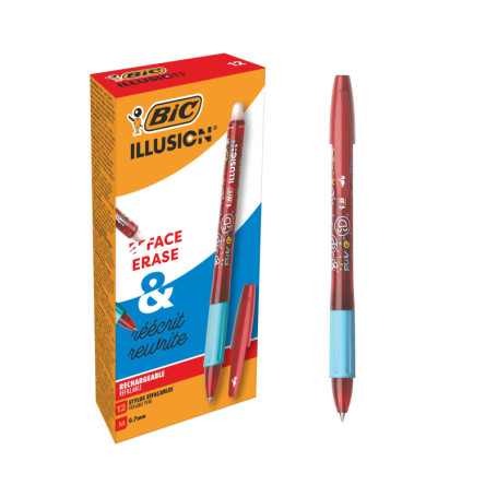 BIC Illusion Stylos-Bille Effaçables et Rechargeables à Pointe Moyenne (0,7 mm) - Rouge, Boîte de 12