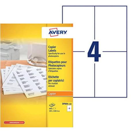 AVERY - Boite de 400 étiquettes autocollantes multi-usages, Format 105 x 148,5 mm, Impression copieur, (DP004-100)