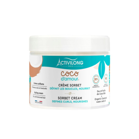 ACTIVILONG - Crème Sorbet Coco D'Amour - Sans Rinçage - Cheveux Secs Et Texturés - Nourrit Et Définit Les Boucles - 98% D'Ingréd