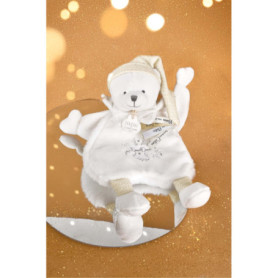 DOUDOU ET COMPAGNIE - Doudou Cape Ours BLANC Peluche Bébé - Ultra Doux et Plat avec Bonnet Doré - Collection Anniversaire 25 ANS