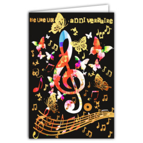 Carte Double Anniversaire - notes de musique avec Dorure - Format 12 x 17,5 cm - Meilleurs Vœux - Enveloppe Blanche - Message Or
