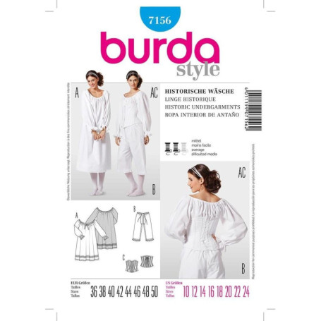 Burda B7156 Patron de Couture Linge Historique 19 x 13 cm, 36-50, Non coloré