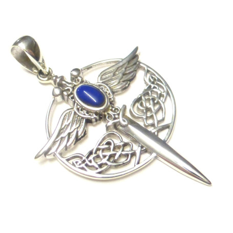 Pendentif en argent sterling, avec pierre de lapis et symbole de protection, au motif de l’épée de l’archange Michael, Lapis