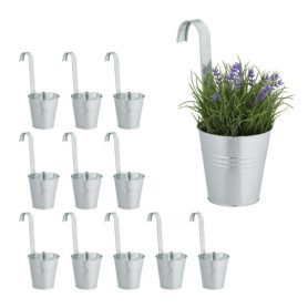 Relaxdays Pot de Fleur Suspendu, Lot de 12, Suspension Plantes, en métal, HxLxP: 30 x 13 x 20 cm, galvanisé, argenté