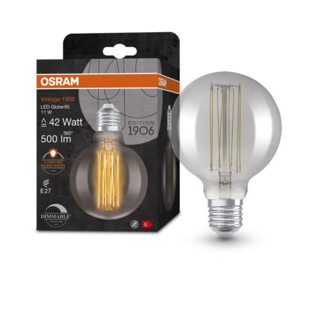 OSRAM Vintage 1906 smoke tinted LED lamp, 11W, 500lm, globe shape with 95mm diameter & E27 base, warm white light, straight fila