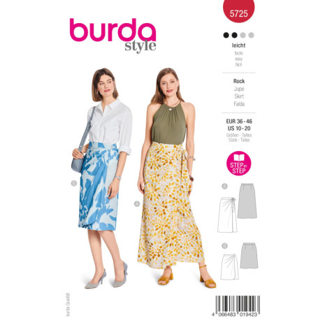 Burda style #5725 Patron de couture pour femme Jupes portefeuille avec cordons de serrage, taille et plis asymétriques Taille 36