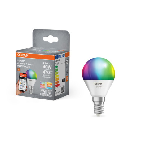OSRAM Lampe LED SMART+ Matter P40 mini boule 4,9 W E14 RGBW, intensité variable, contrôlable via application et voix, compatible