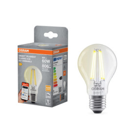 OSRAM Lampe LED SMART+, A60, 6 W, 2 700 K, E27, en forme d'ampoule, à filament, transparente, à intensité variable, contrôlable 