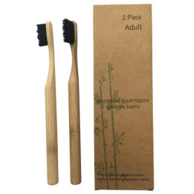 Lot de 2 brosses à dents en bambou avec manche rond et charbon actif de bambou - 100 % recyclable et respectueux de l'environnem