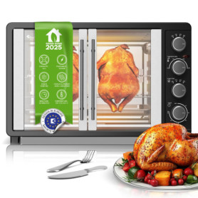 TurboTronic Mini four à chaleur tournante, 45 l, noir, 2000 W, tournebroche, minuterie, mini four, plaque de cuisson, éclairage 