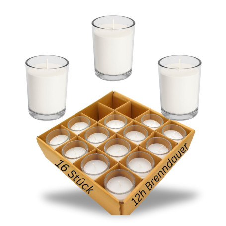 Candelo Lot de 16 bougies votives dans un verre - Bougies de table blanches élégantes - 12 heures de combustion sans parfum - Po
