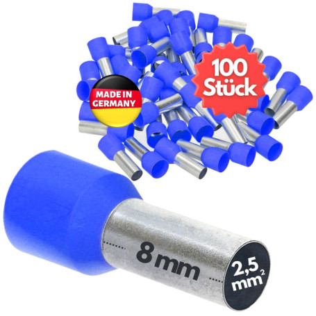 Kalitec AE2508BLSB Lot de 100 embouts de câble isolés 2,5 mm² 8 mm de long Bleu I Fabriqué en Allemagne I Qualité industrielle