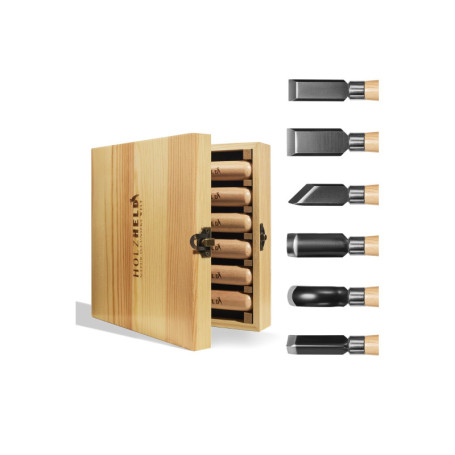 Lot de 6 ciseaux à bois dans une boîte en bois, Outillage