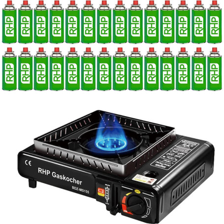 RHP Réchaud à gaz d'extérieur I Cuisinière à gaz avec 28 cartouches de gaz à baïonnette – Pour camping, voyage, vacances, randon