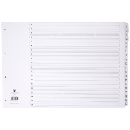 Concord Réf 04801/CS48 Intercalaires perforés 4 trous Touches 1-20 renforcées Mylar Blanc Format A3