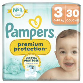 Pampers Premium Protection Taille 3, 30 Couches, 6kg-10kg, Double Protection Pour La Peau Et Contre Les Fuites
