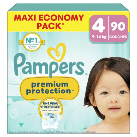 Pampers Premium Protection Taille 4, 90 Couches, 9kg-14kg, Double Protection Pour La Peau Et Contre Les Fuites
