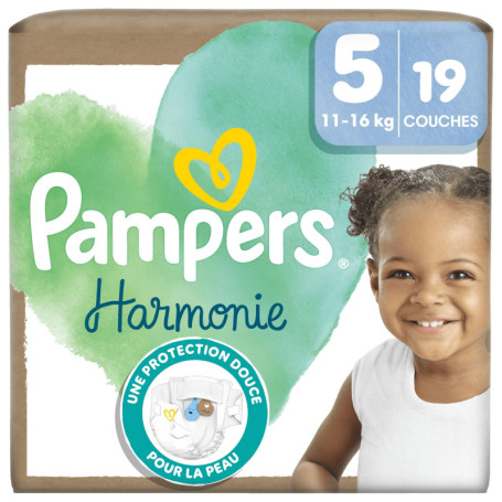 Pampers Harmonie Couches Taille 5, 19 Couches, 11kg-16kg, Protection Douce De La Peau Avec 100% D’Absorption Pampers