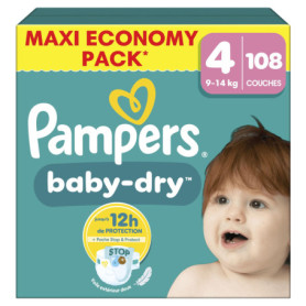 Pampers Baby-Dry Taille 4, 108 Couches, 9kg-14kg, Une Nuit Confortable Jusqu’À 100% Sans Fuites