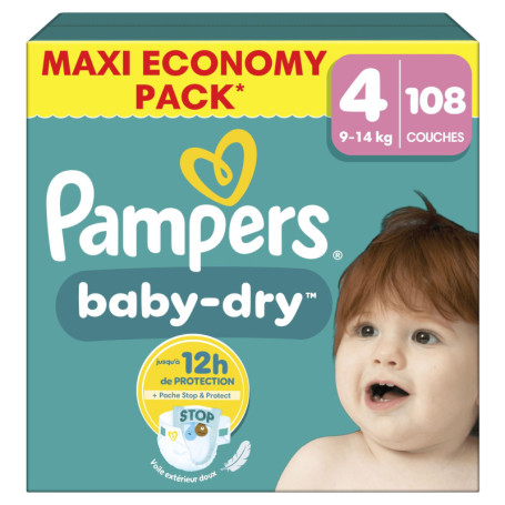 Pampers Baby-Dry Taille 4, 108 Couches, 9kg-14kg, Une Nuit Confortable Jusqu’À 100% Sans Fuites