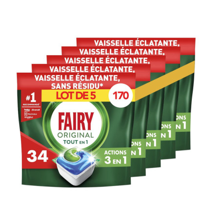 Fairy Original Tablettes Lave-Vaisselle Tout En 1, 175 Capsules (5x35), Efficaces Contre Graisse Incrustée, Action Sel et Rinçag