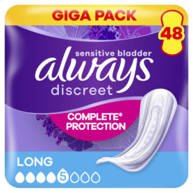 Always Discreet Serviettes Pour Fuites Urinaires Femmes Long, Protection intégrale, Discrétion, 48 Serviettes