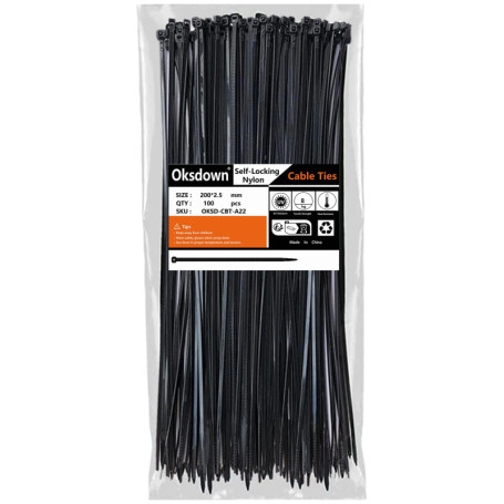 Oksdown Collier de Serrage en Nylon 200 mm × 2,5 mm Attache Câble Plastique Rilsan Serre Câbles Petit Format, Noir, Lot de 100 P