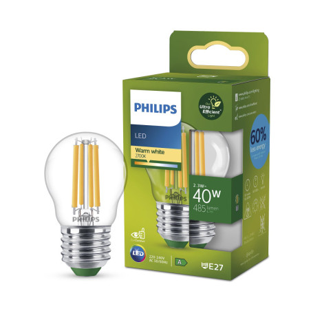 Philips ampoule LED Ultra éonome en énergie Classe A, Equivalent 40W, culot E27, format sphérique, Blanc chaud 2700 Kelvin, tran