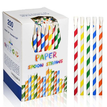 Lot de 200 pailles jetables en papier avec cuillère pour slushy, smoothie, milkshake, boissons glacées - 20 x 0,8 cm - Rayures c