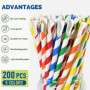 Lot de 200 pailles jetables en papier avec cuillère pour slushy, smoothie, milkshake, boissons glacées - 20 x 0,8 cm - Rayures c