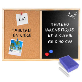 Creative Home 60 x 40 cm Tableau Liege Mural, Tableau Magnétique Aimanté et Tableau Craie Noir Ardoise Murale | Inclus Éponge, A