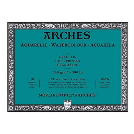 ARCHES Aquarelle - Bloc 10 feuilles 23x31 collé 4 côtés - 640g/m² - grain satiné, blanc naturel, 4 bords francs