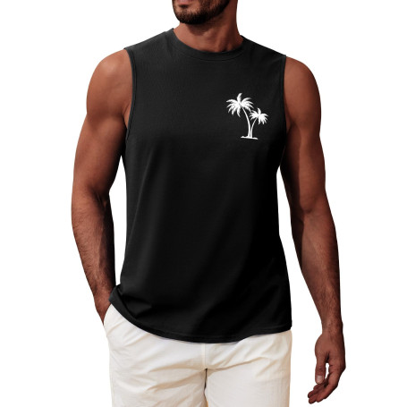 UMIPUBO Débardeur Homme Tee Shirt sans Manche Été Sport Col Rond Coton Imprimé Plantes Palmiers Plage Casual Gym Tops