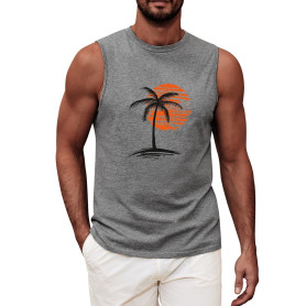 UMIPUBO Débardeur Homme Tee Shirt sans Manche Été Sport Col Rond Coton Imprimé Plantes Palmiers Plage Casual Gym Tops