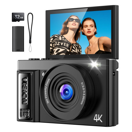 Appareil Photo Numérique 4K Digital: 64MP Appareils Numérique avec Écran Rabattable 180° avec Autofocus - Camera pour Vlog avec 