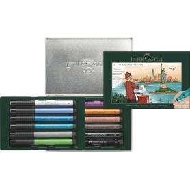 Faber-Castell 267135 - Coffret cadeau New York, 12 stylos à encre Pitt Artist Pen, épaisseurs de trait FM, S, B