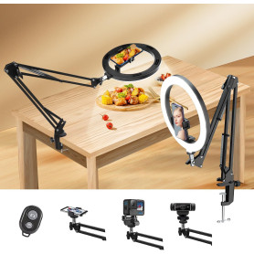 yAyusi 10" Ring Light avec Trépied pour Bureau, Téléphone LED et Support de Caméra Flexible, Anneau Lumineux Dimmable pour Confé