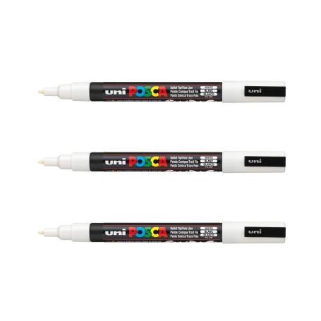 POSCA - Mitsubishi Pencil - 3 Marqueurs Blanc PC-3M - Pointe Conique fine - Marqueur Peinture à Base d'Eau - Tout Support, Papie