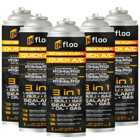 INfloo 5x Quick A/C 3-en-1 – Gaz R134a + Huile + Scellant | 5x185g (1,73L) | Climatiseur voiture jusqu’à 2016 | Remplaçant R134a