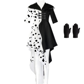 KUJAIS Deguisement Cruella d enfer Femme, Deguisement Halloween Femme, Costume Cruella Deville 101 Dalmatiens Robe à Pois pour H