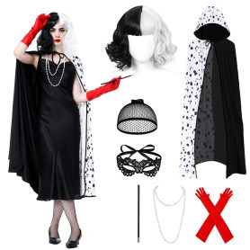 Charmofun 7 Pièces Cruella Deguisement Femme, Déguisement Cruella avec Perruque Cape Noire et Blanche, Deguisement Halloween Fem