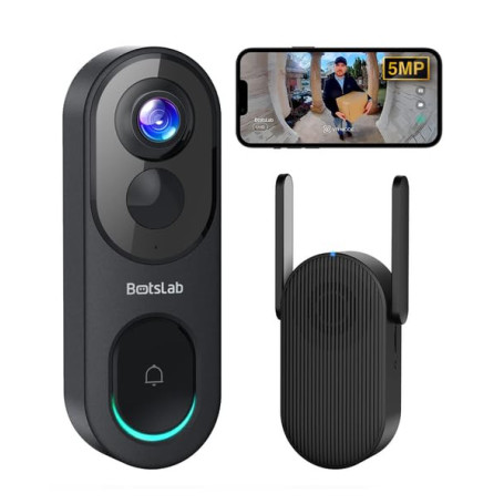 BOTSLAB 5MP Sonnette sans Fil avec Caméra, Vue tête-Pieds 1:1, Détection de Personnes/PIR, Pas de Frais mensuels, Audio bidirect