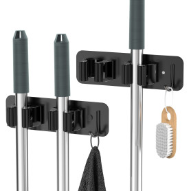 homeasy Porte Balai Acier Inoxydable, Accroche Balai Mural sans Perçage, Support Balai 2 Emplacements avec 1 Crochet pour Cuisin
