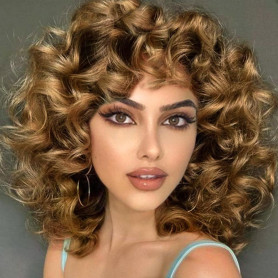 PORSMEER Perruque Afro Femme Naturelle Courte avec Frange Perruque de cheveux bouclés,Couleur marron et blond frisée fibre synth