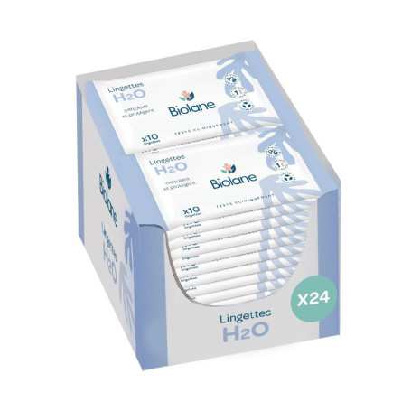 BIOLANE - Lingettes bebe H2O à l'eau - Pocket - Bébé - Lot de 24x10 (240 lingettes) - Peaux sensibles - Nettoie et protège, le v